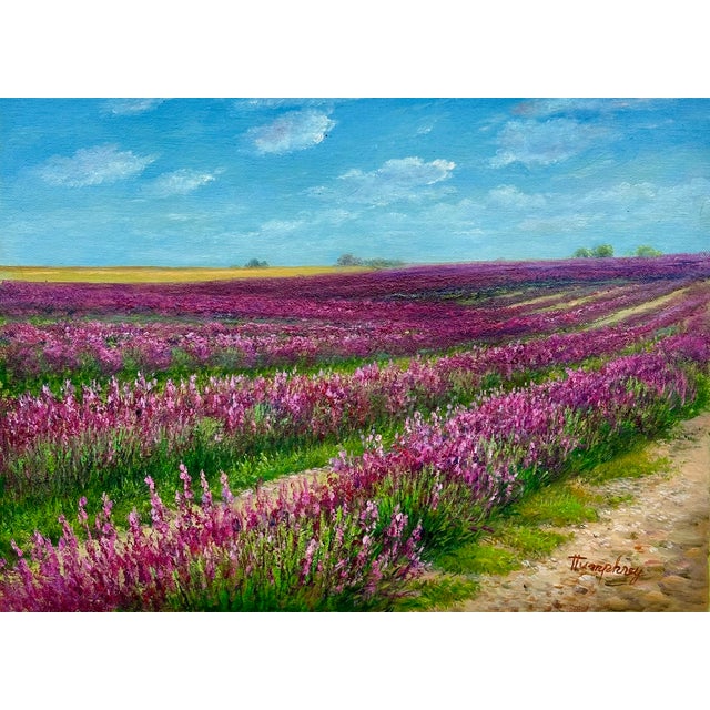 Impressionist Lavender Fields Landscape Oil Painting on Canvas, Unstretched, by Humprey For Sale - Image 3 of 5