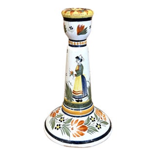 Early 20th Century French Henriot Quimper Hand-Painted Faience Candlestick For Sale