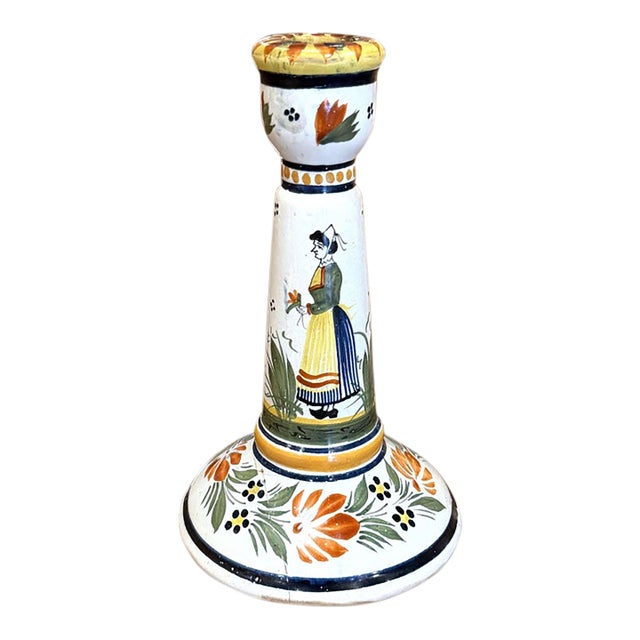 Early 20th Century French Henriot Quimper Hand-Painted Faience Candlestick For Sale