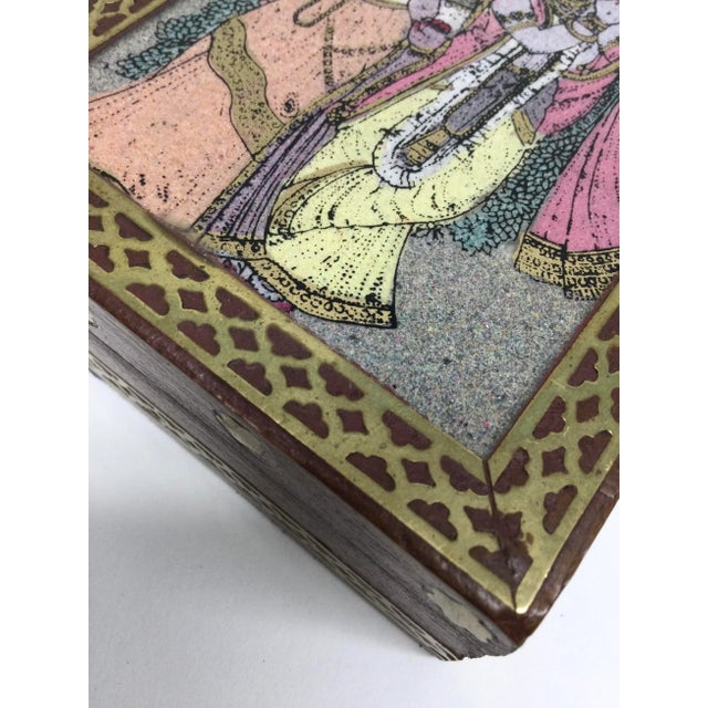 Brass Vintage Inlaid Brass Over Wood Trinket Box Glass Painted Hinged Lid For Sale - Image 8 of 13