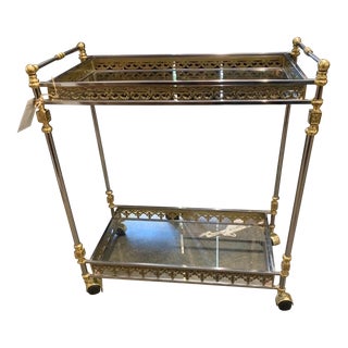 1960s Vintage Brass Hollywood Regency Serving Bar Cart For Sale