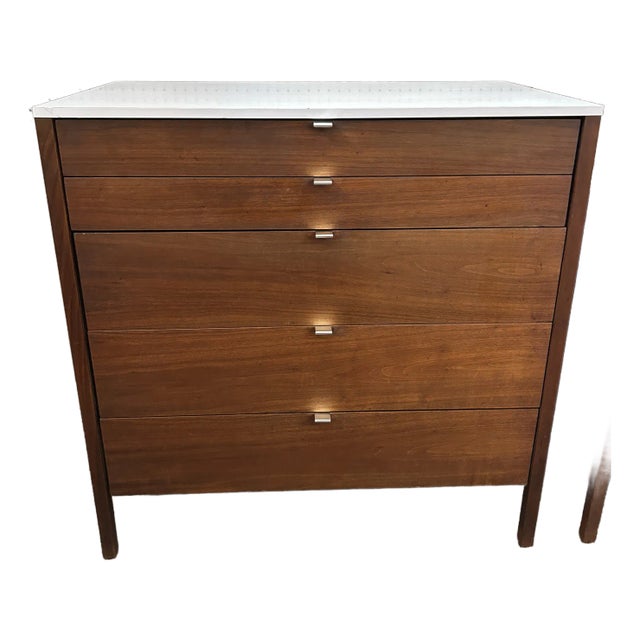1960s Florence Knoll Walnut + White Laminate 5 Drawer Chest For Sale