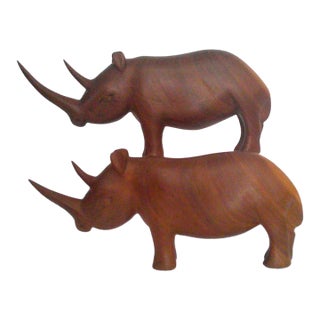 Mid-20th Century Modern Hand-Carved African Teak Wood Rhinoceros Figurines 1960s / 2 For Sale