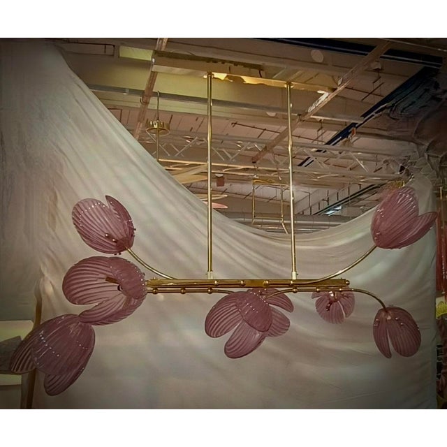 Mid-Century Murano Art Glass and Brass Pink Color Chandelier and Pendant For Sale - Image 6 of 9