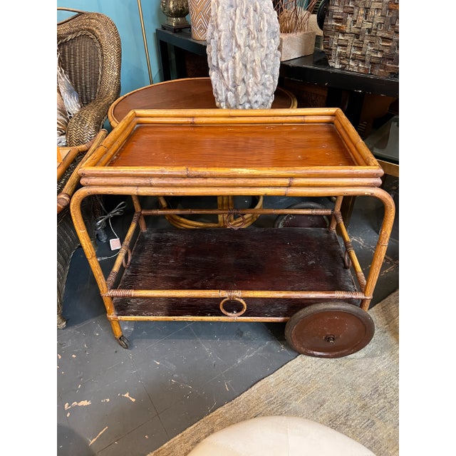 Large Vintage Pagoda Style Bamboo Tray Bar Cart For Sale - Image 4 of 9