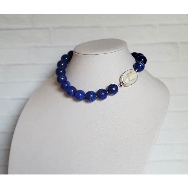 Early 21st Century Royal Lapis Lazuli Necklace With Vintage Porcelain Cameo Clasp, 18-Inches For Sale - Image 5 of 10