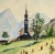 Original vintage European watercolor painting of hay bales with steeple in background., circa 1960. Displayed on a white...