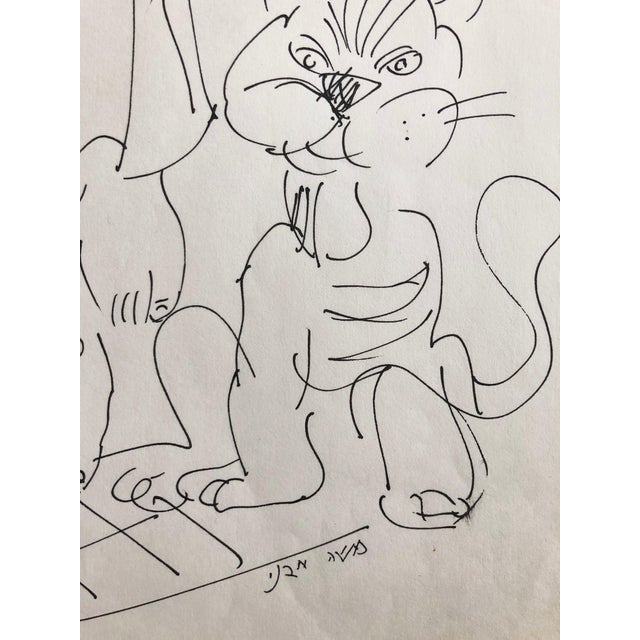 Moshe Avni, Vintage Israeli Bezalel School Drawing Woman Sitting with Cat Kibbutz Life, c.1960's For Sale - Image 4 of 5