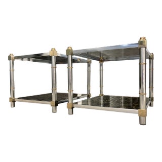 Modern Chrome Brass & Tiered Glass End Tables Manner of Mastercraft For Sale