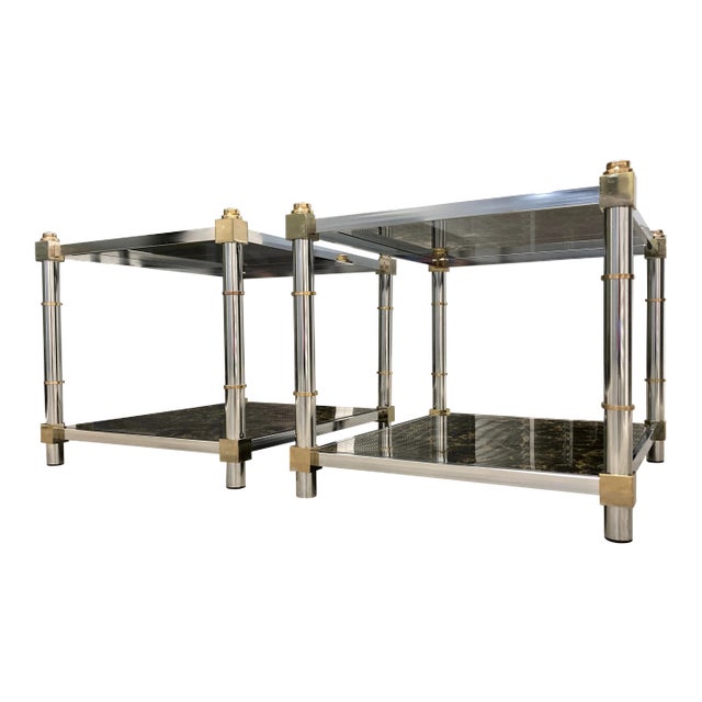 Modern Chrome Brass & Tiered Glass End Tables Manner of Mastercraft For Sale