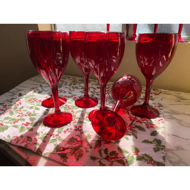 1980s Vintage Ruby Red Handblown Glass Water Goblets Set of 6 For Sale - Image 5 of 12