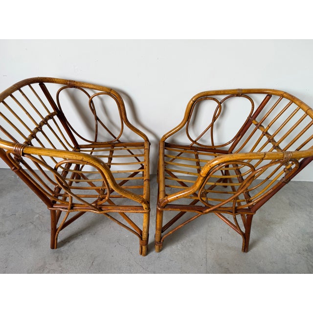 1970's Vintage Coastal Bamboo Rattan Barrel Lounge Chairs - A Pair For Sale - Image 10 of 17