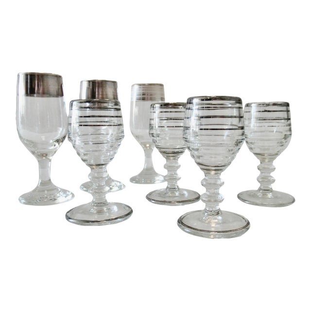 Vintage MCM Dorothy Thorpe & Italian Silver Tiered and Rimmed Glass Cordials (Asst..)- 7 Pieces For Sale