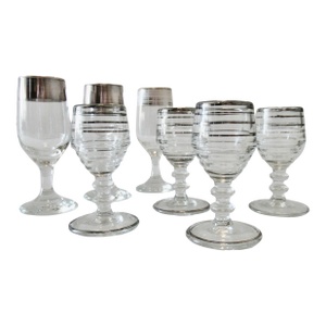 Vintage MCM Dorothy Thorpe & Italian Silver Tiered and Rimmed Glass Cordials (Asst..)- 7 Pieces