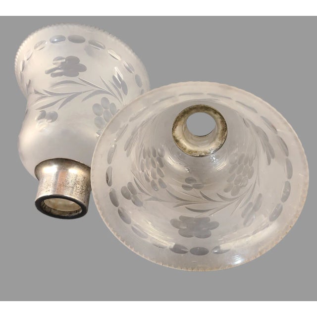Mid 20th Century Set of 2 Vintage Frosted Glass Wheel Cut Grape Pattern Lamp Shades Silver-Plated Fitter For Sale - Image 5 of 5
