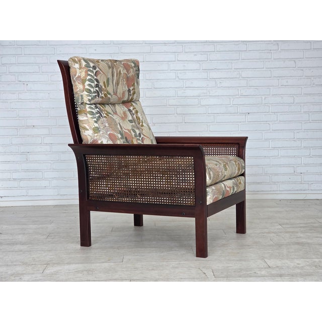 1970s, Swedish highback armchair by Arne Norell. Original multicolor furniture fabric, furniture mesh, dark beech wood....