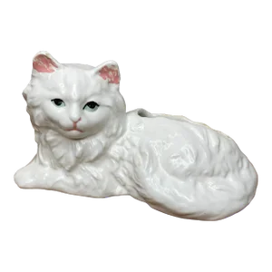 Mid Century Ceramic White Cat Planter