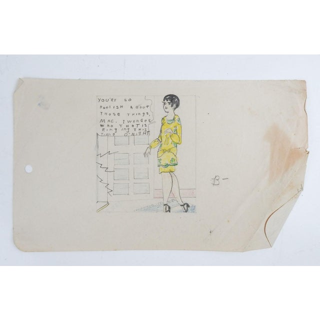 Antique circa 1920's pencil and watercolor painting on paper drawing of stylish flapper girl with text bubble. Schoolgirl...