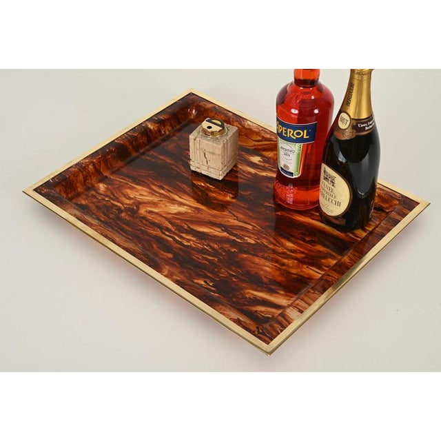 Rectangular Tortoiseshell Effect Acrylic Glass and Brass Serving Tray from Dior, Italy, 1970s For Sale - Image 11 of 13