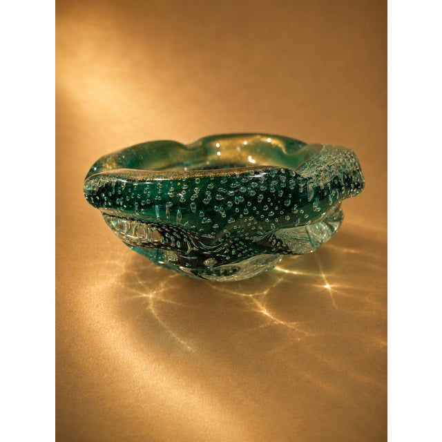 Glass Vintage Murano Style Bullicante Green Art Glass Ashtray, Mid-Century Modern Italian Glass Bowl For Sale - Image 7 of 9