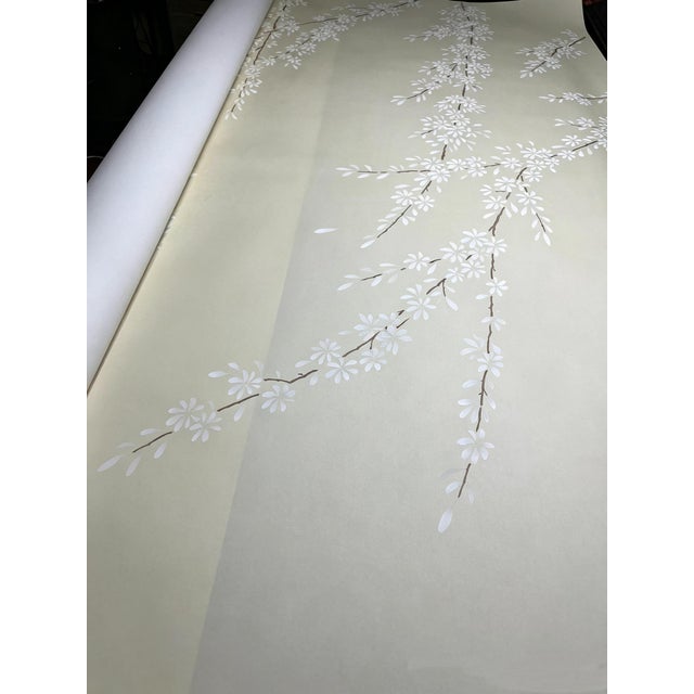 Elevate your interior with this luxury hand-painted minimal chinoiserie wallpaper mural, featuring delicate white...