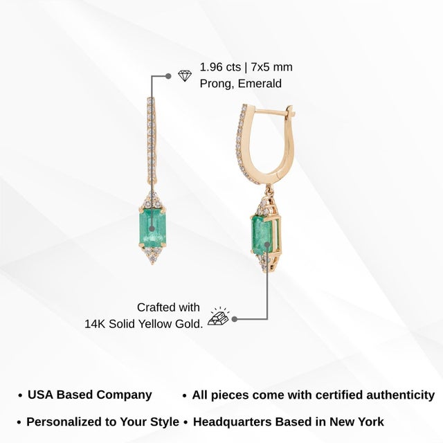 Art Deco 1.96ct Emerald Diamond Huggie Drop Earrings in 14k Yellow Gold- A Pair For Sale - Image 12 of 16
