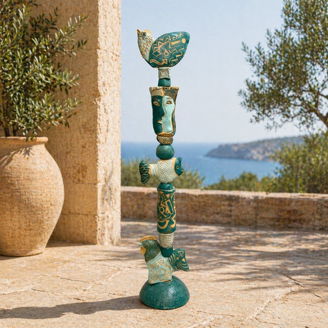 2020s Marc Zimmerman "Associates in Teal" Glazed Ceramic Totem, 65 Inches Tall, Teal and Gold Glaze, Fish and Face Elements, Contemporary Art West Coast For Sale - Image 5 of 7