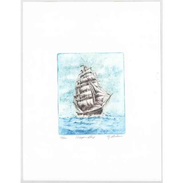 WJ Graham nautical etching of a sailing ship. Pencil signed and numbered 66 of 400.