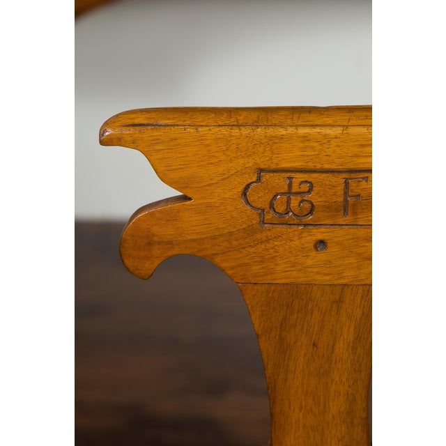 English 1850s Oak Chair with Pierced Back, Carved Inscription and Wooden Seat For Sale - Image 10 of 12