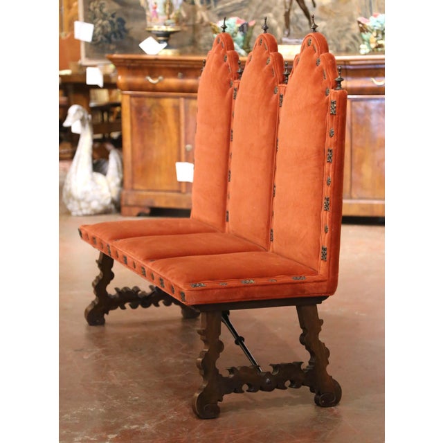 Wood 19th Century Spanish Renaissance Walnut and Velvet Three-Seat Bench For Sale - Image 7 of 12