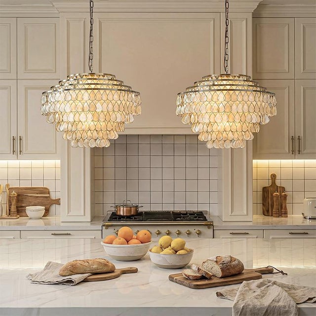 Aloadecor 7-Light 24'' Mid-Century Modern Coastal Aged Bronze 4-Tier Natural Capiz Shell Chandelier Vintage Glam Pendant Light For Sale - Image 4 of 7