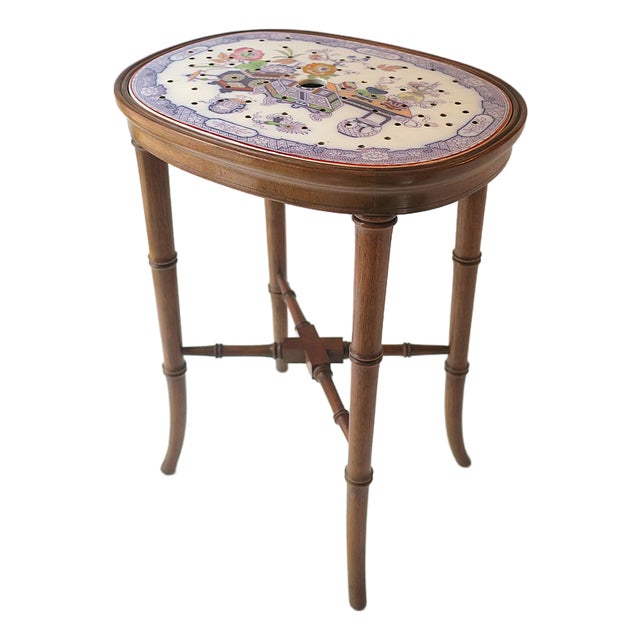 English Faux-Bamboo Mahogany Accent Drinks Table With Porcelain Top, Circa Early-20th C For Sale
