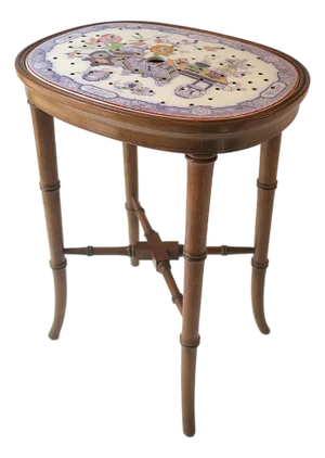 English Faux-Bamboo Mahogany Accent Drinks Table With Porcelain Top, Circa Early-20th C
