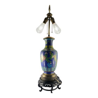 Vintage Chinese Cloisonné Vase Table Lamp With Floral Motif on Wood Base, 1930s–1950s For Sale