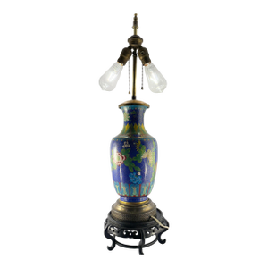 Vintage Chinese Cloisonné Vase Table Lamp With Floral Motif on Wood Base, 1930s–1950s