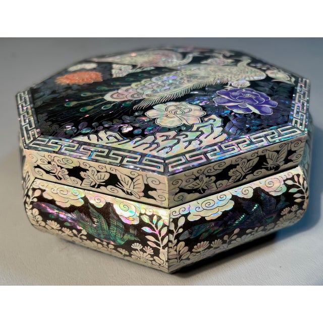 Asian Abalone Inlaid Box With Mother of Pearl Inlay Octagon Shape Peacocks Peonies by Skilled Korean Craftsman Mint Condition For Sale - Image 3 of 6