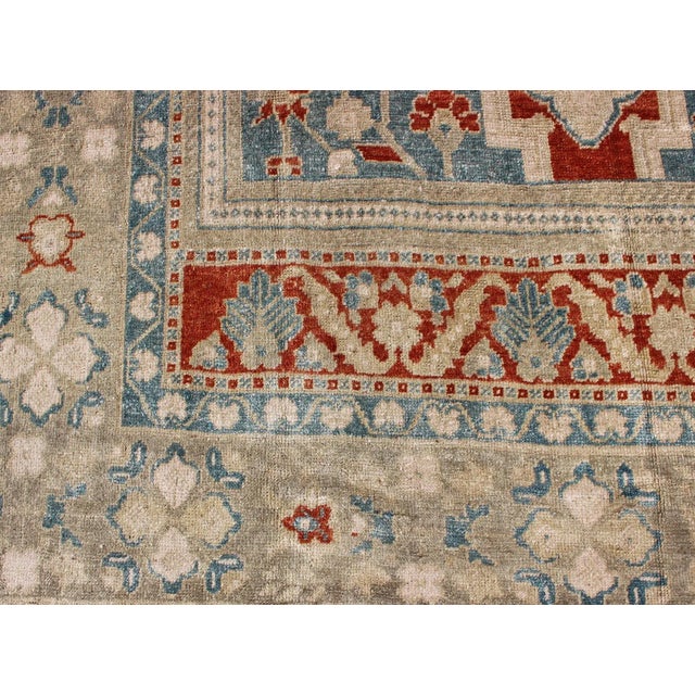 Medallion Vintage Turkish Oushak Turkish in Mid-Century Modern Red, Cream and Light Blue For Sale - Image 11 of 13