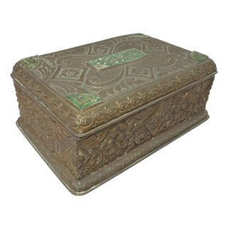 Antique 19th Century Hand Tooled Copper Carved Jade Stone Wood Cigarette Box For Sale