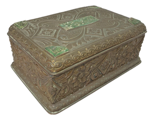 Antique 19th Century Hand Tooled Copper Carved Jade Stone Wood Cigarette Box