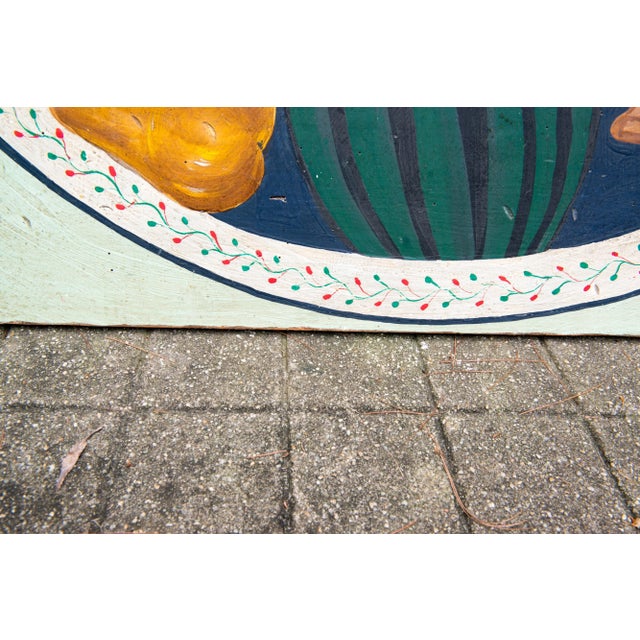 Vibrantly colored, hand-painted still life fireboard on wood.