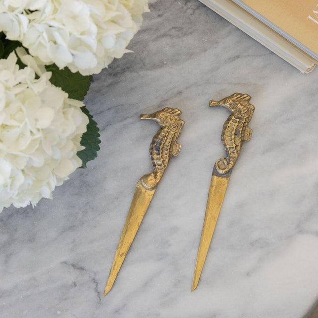 Lovely vintage solid brass seahorse letter opener from France, 1950s. Beautiful etched heavy brass with intricate details...