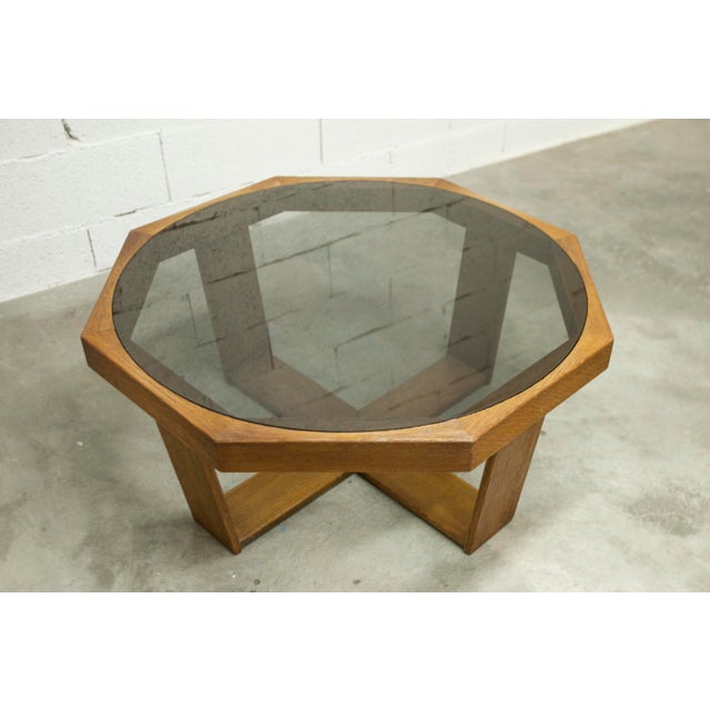 Brown Hexagonal Table in Oak and Smoked Glass, 1970s For Sale - Image 8 of 18