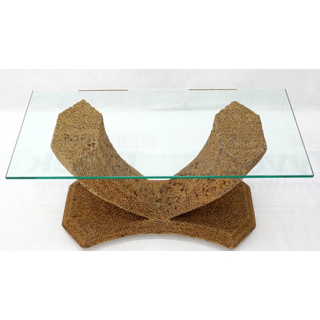 Distressed Wood V-Shape Base Large Console Sofa Table with Glass Top For Sale - Image 11 of 13