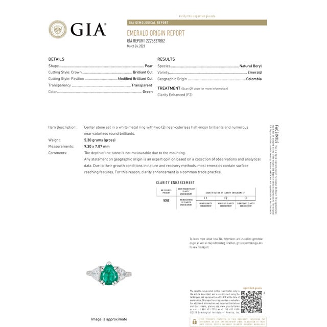 Gia Certified Colombian Pear Emerald Diamond 3.35 Carat 18 Karat Gold Ring, Size 6.25 For Sale - Image 4 of 8