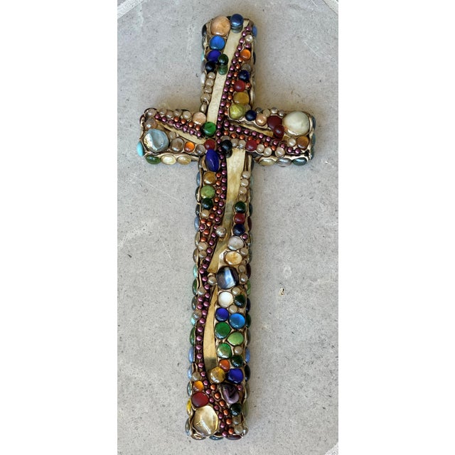 Excellent Pre-Owned Condition. This beautifully vibrant and nicely-sized mosaic-like faux “jeweled” stone, glass and wood...