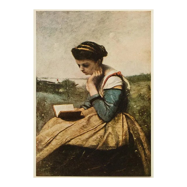 1955 After Jean Baptiste Camille Corot "Woman Reading", Vintage Full-Color Print For Sale