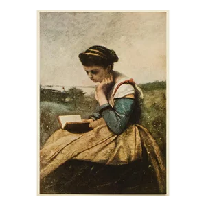 1955 After Jean Baptiste Camille Corot "Woman Reading", Vintage Full-Color Print