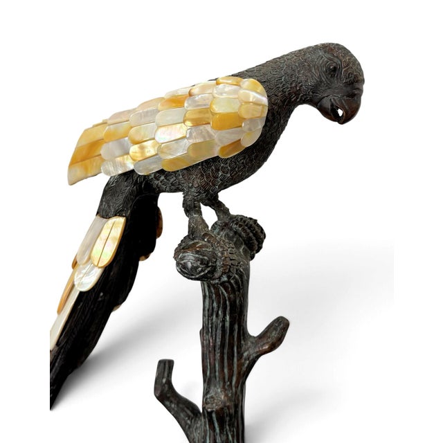 Maitland Smith Bronze & Mother of Pearl Parrot Sculptures, a Pair For Sale - Image 10 of 15