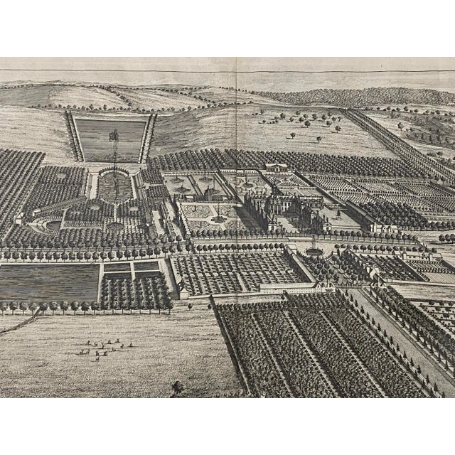 18th C. Engraving "Shire of the Seat of Phillip Stanhope, Earl of Chesterfield" C.1724 Bird's eye view of Bredby Hall, in...