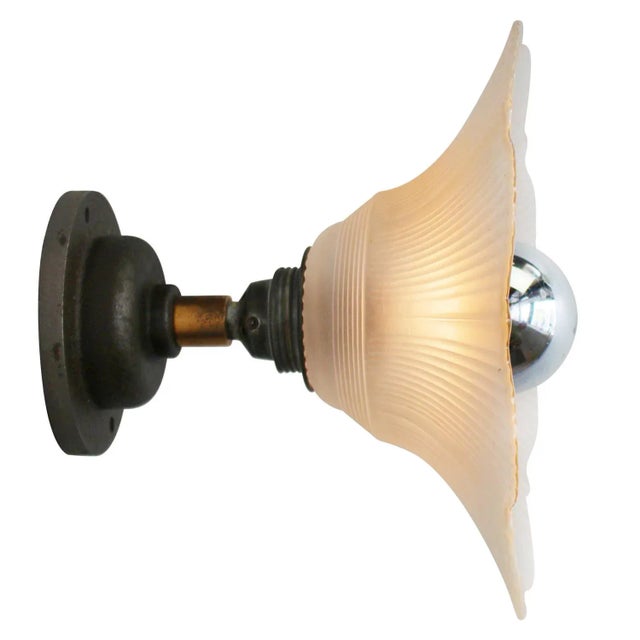 Satin Glass Cast Iron Brass Wall Lamp For Sale - Image 3 of 6